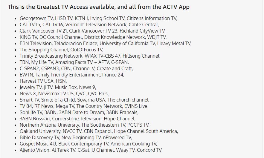 ACTV List of Channels